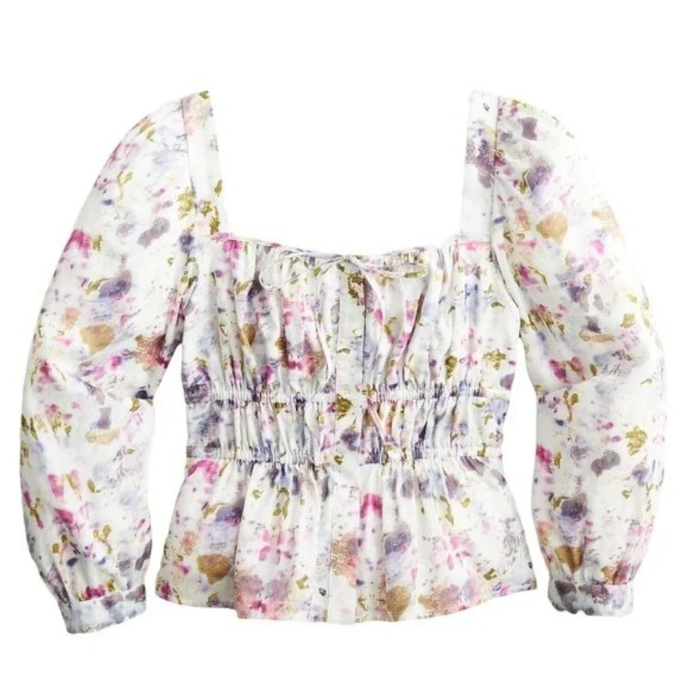 J. Crew x Flora Obscura Blouse Cinched-waist Top in Kaleidoscope Floral NWT